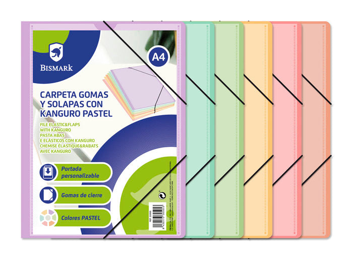 CARPETA A4 GOMAS Y SOLAPAS PP KANGURO PASTEL | 24 UNIDADES | (POESSA BISMARK BASICO)