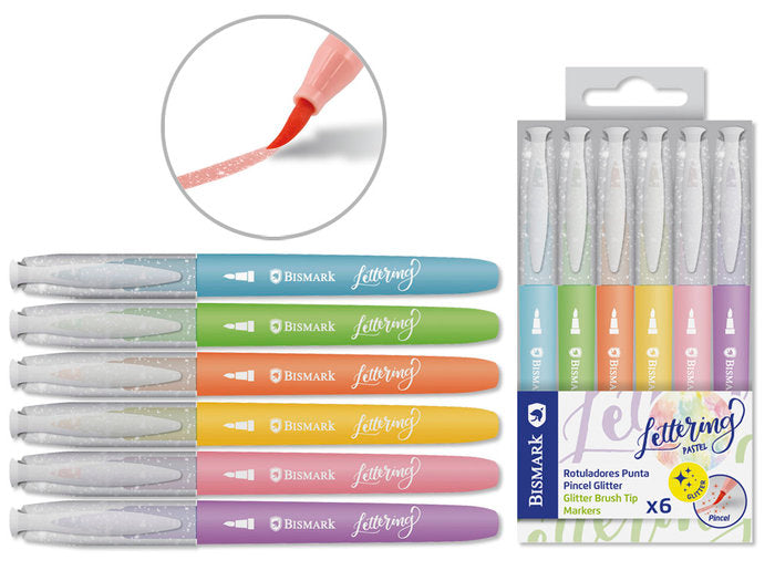 Rotuladores Glitter 6 Colores Lettering Pastel Surtidos | Poessa Bismark Regalo | Pack 12 Unidades