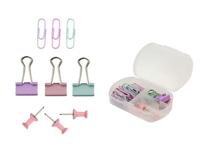 Set Variado Escritorio Clips Pinzas Palas Chinchetas Pastel