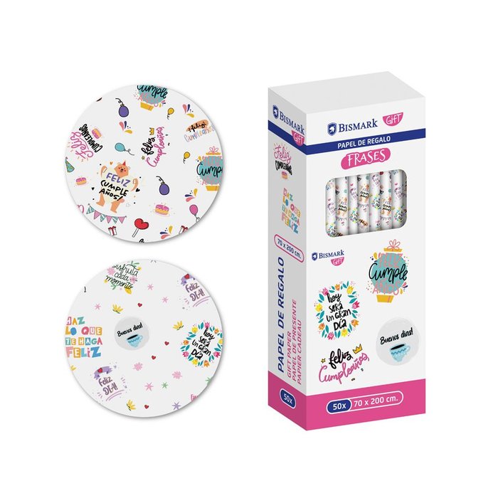 EXPOSITOR 50 ROLLO PAPEL DE REGALO FRASES 70X200 | POESSA BISMARK GIFT | ENVASE 50 UDS. UNIDAD | 18430173318272