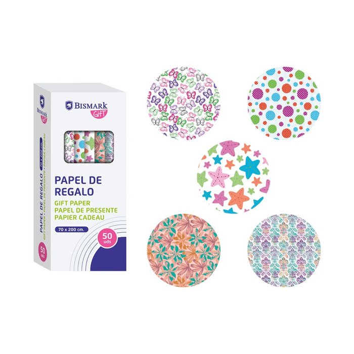 EXPOSITOR 50 ROLLO PAPEL DE REGALO TODO TIEMPO 70X200 | POESSA BISMARK GIFT | ENVASE 50 UDS. UNIDAD | 18430173318289