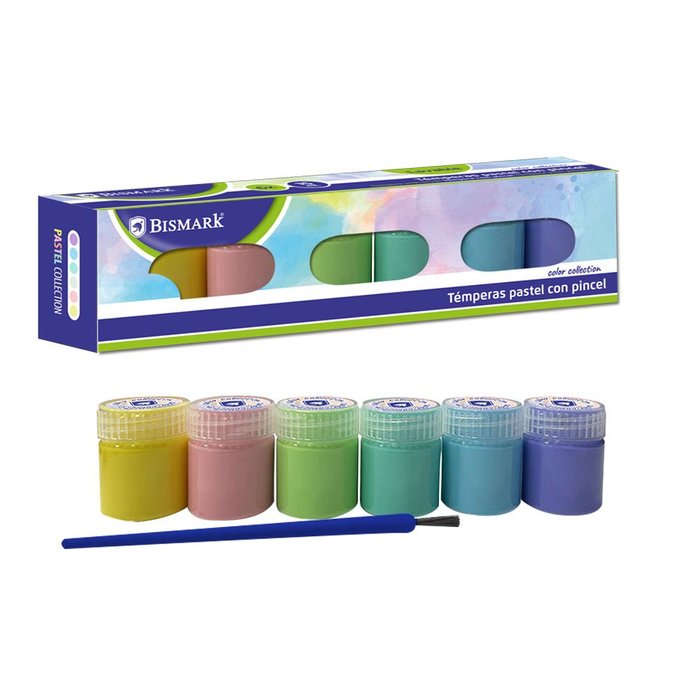 TEMPERAS 15ML CON PINCEL 6 COLORES PASTEL | 12 UNIDADES | (POESSA BISMARK BASICO) Imagen principal del producto