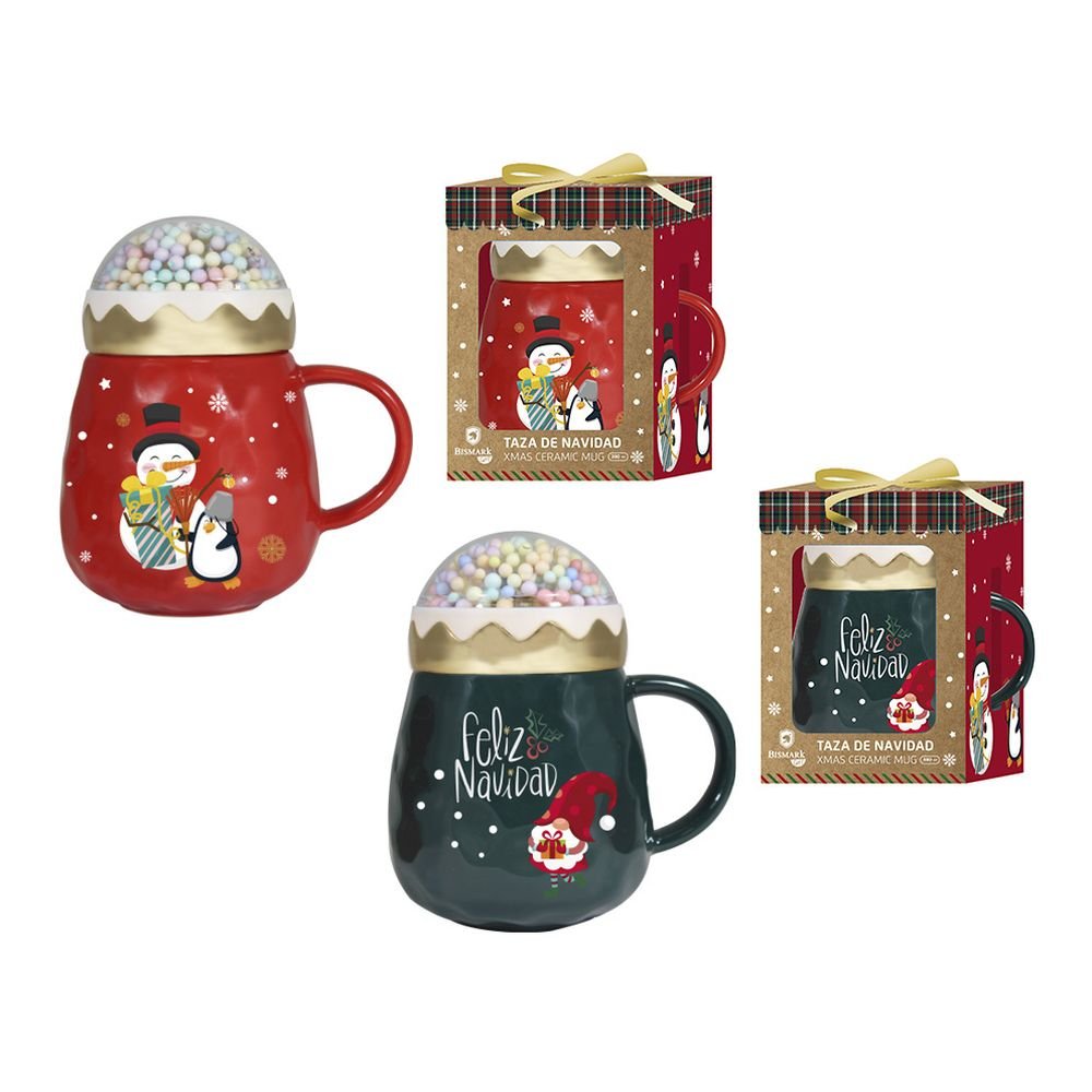 TAZA NAVIDAD CON TAPA DE BOLAS | BISMARK NAVIDAD | 1 UNIDAD | 18430173336573