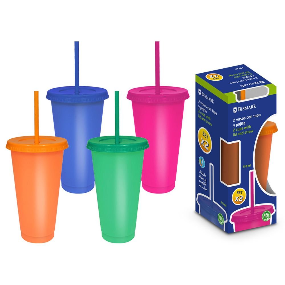 SET 2 VASOS CON TAPA Y PAJITA CAMBIAN DE COLOR | POESSA BISMARK BASICO | 1 UNIDAD | 8430173336712