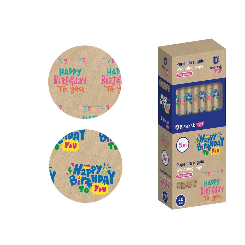 PAPEL DE REGALO KRAFT HAPPY BIRTHDAY 70X500 CM | BISMARK NAVIDAD | ENVASE 40 UDS. UNIDAD | 18430173337228