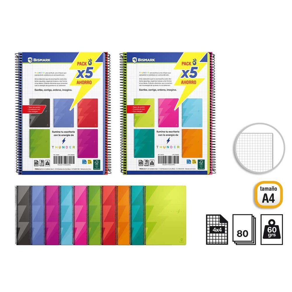 Pack 5 Cuadernos Golden Thunder A4 80H 60 g Cuadro Poessa Bismark