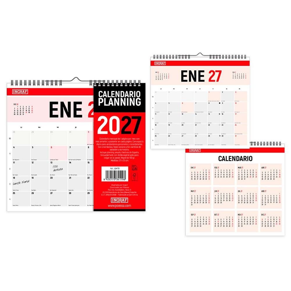 Calendario 2027 Horizontal 27x25 Rojo INGRAF Agendas