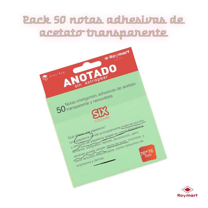 Blister 50 notas adhesivas de acetato transparente y removible color verde 76X76 mm.