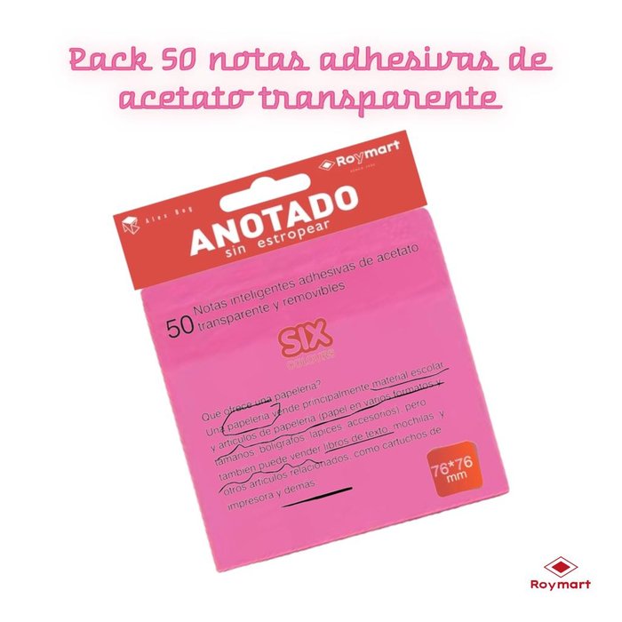 Blister 50 notas adhesivas de acetato transparente y removible color rosa 76X76 mm. Imagen principal del producto