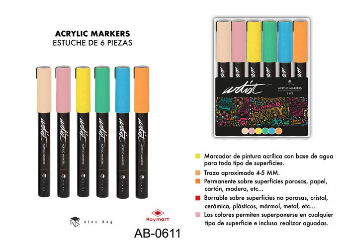 Pack 6 Rotuladores Acrílicos Gama Artist Colores Pastel ROYMART