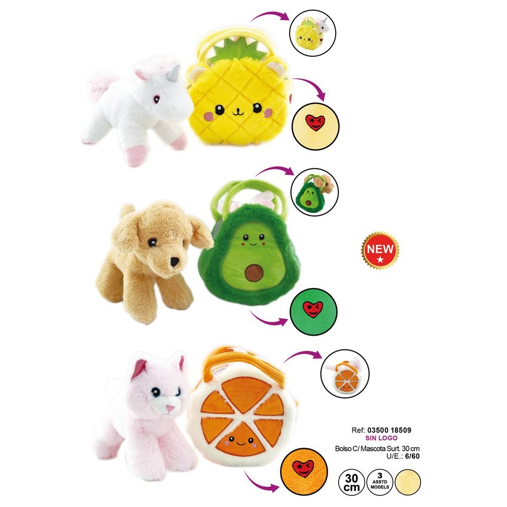 Peluche bolso mascota 30 cm Aurora surtido