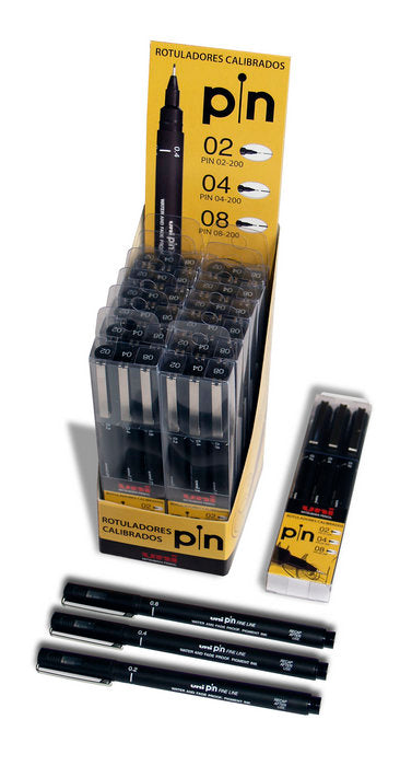 Expositor 12 Bolsas 3 Rotuladores Pin Calibrados 02-04-08 | Uni-Ball | Pack 12 Unidades Imagen principal del producto