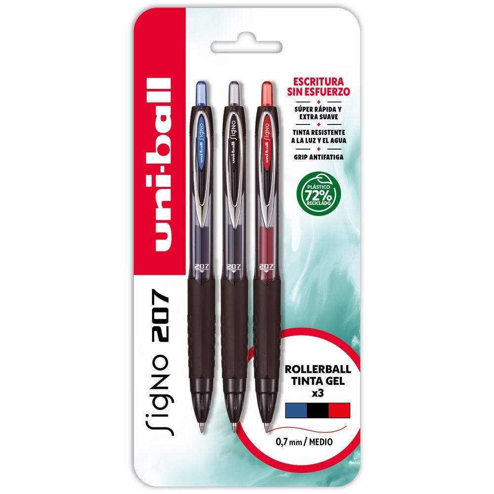 Blister 3 Bolígrafos Uniball Signo 207 Azul, Negro, Rojo Marca UNI-BALL Imagen principal del producto
