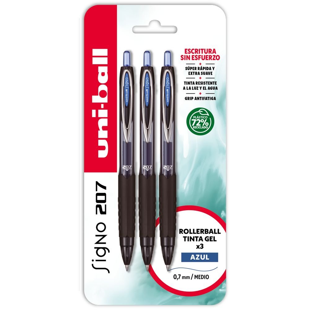 Blister de 3 Bolígrafos Uniball Signo 207 Azul Marca Uniball Imagen principal del producto