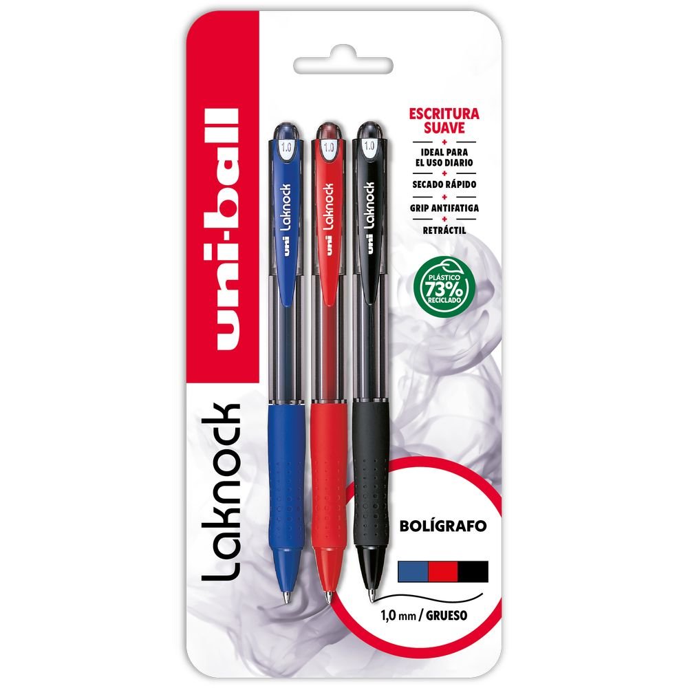 BLISTER 3 BOLIGRAFO UNIBALL LAKNOCK SN-100 NEGRO/AZUL/ROJO | 1 UNIDADES | (UNI-BALL)