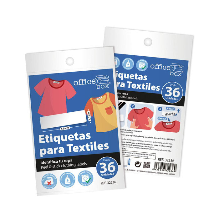 BLISTER 36 ETIQUETAS ADHESIVAS PARA TEXTILES 4,5 X 1,2 CM | 10 UNIDADES | (FRAGA) Imagen principal del producto