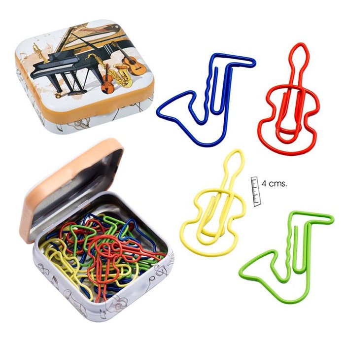 Caja metal 12 clips forma de instrumentos colores surtidos PAPELERIA JAVIER