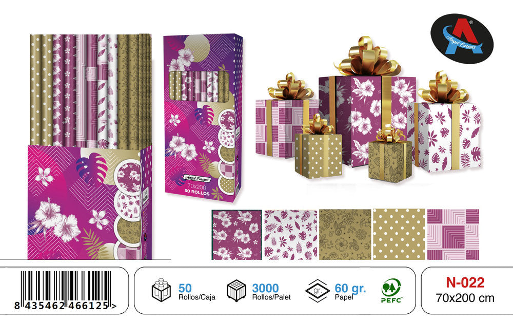 PAPEL REGALO ROLLO 70X200 LILA Y ORO | ANGEL EUROPA | 1 UNIDAD | 8435462466125 Imagen principal del producto