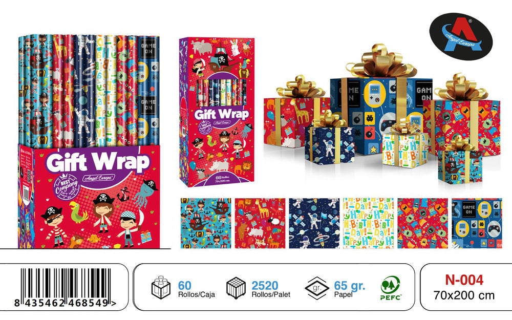 PAPEL REGALO ROLLO 70X200 INFANTIL PIRATAS | ANGEL EUROPA | ENVASE 60 UDS. UNIDAD | 8435462468549
