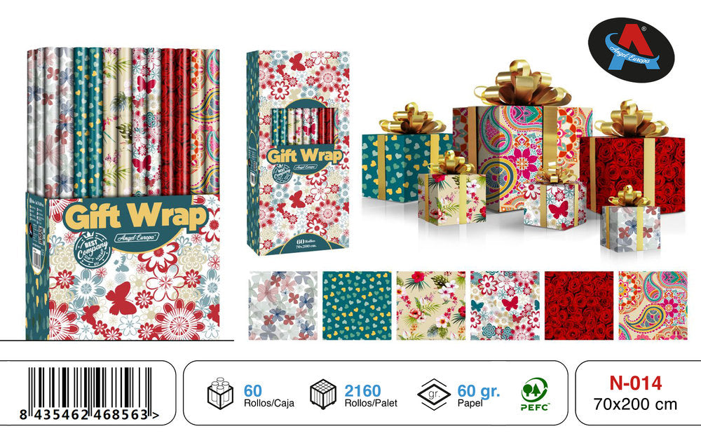 PAPEL REGALO ROLLO 70X200 MARIPOSAS Y FLORES | ANGEL EUROPA | ENVASE 60 UDS. UNIDAD | 8435462468563 Imagen principal del producto