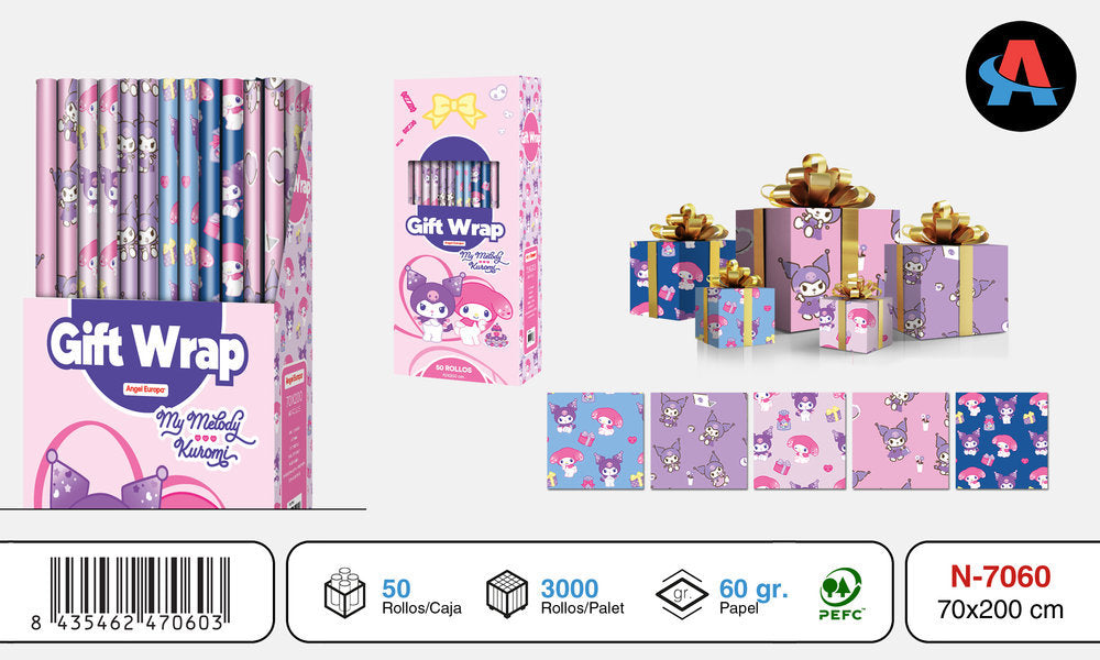 EXPOSITOR 50 ROLLOS PAPEL REGALO 70X200 KUROMI | ANGEL EUROPA | ENVASE 50 UDS. UNIDAD | 8435462470603