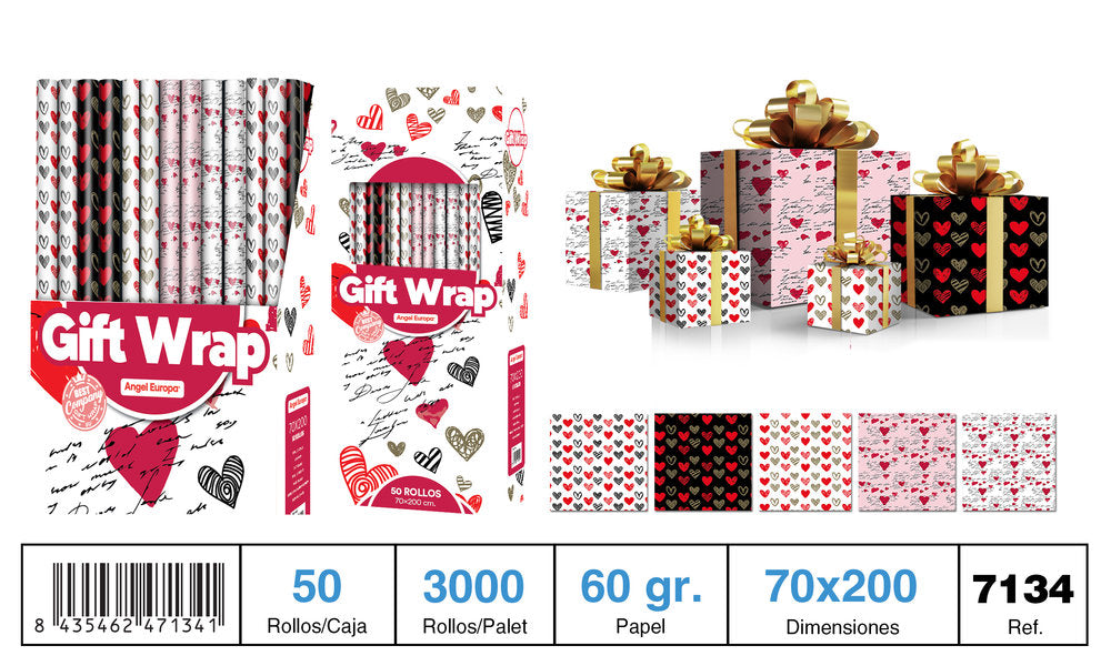 Expositor 50 Rollo Papel Regalo Love Corazón PENDIENTE