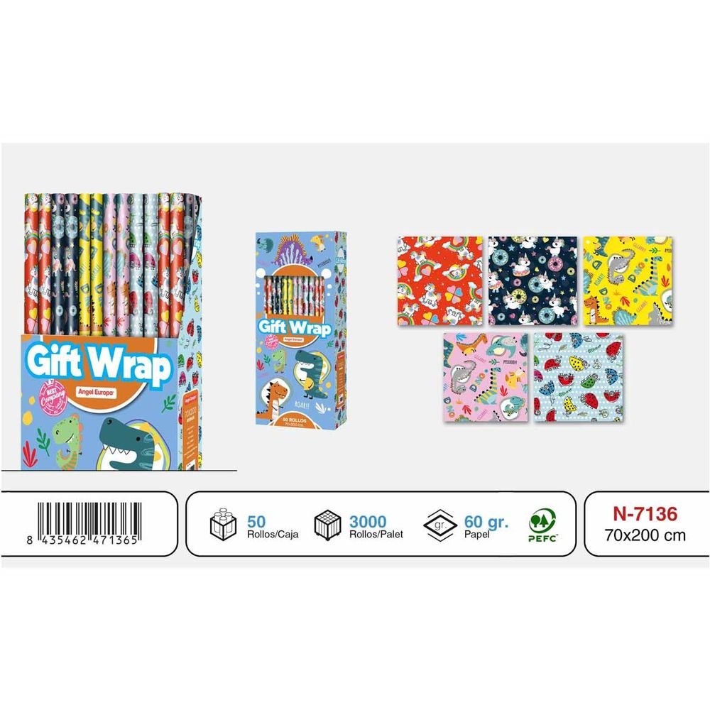 EXPOSITOR 50 ROLLOS PAPEL REGALO 70X200 INFANTIL ANIMALES | ANGEL EUROPA | ENVASE 50 UDS. UNIDAD | 8435462471365