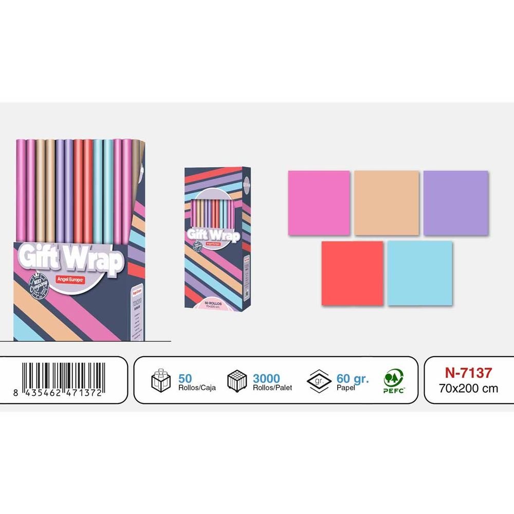 EXPOSITOR 50 ROLLOS PAPEL REGALO 70X200 COLORES LISOS SURTI | ANGEL EUROPA | ENVASE 50 UDS. UNIDAD | 8435462471372