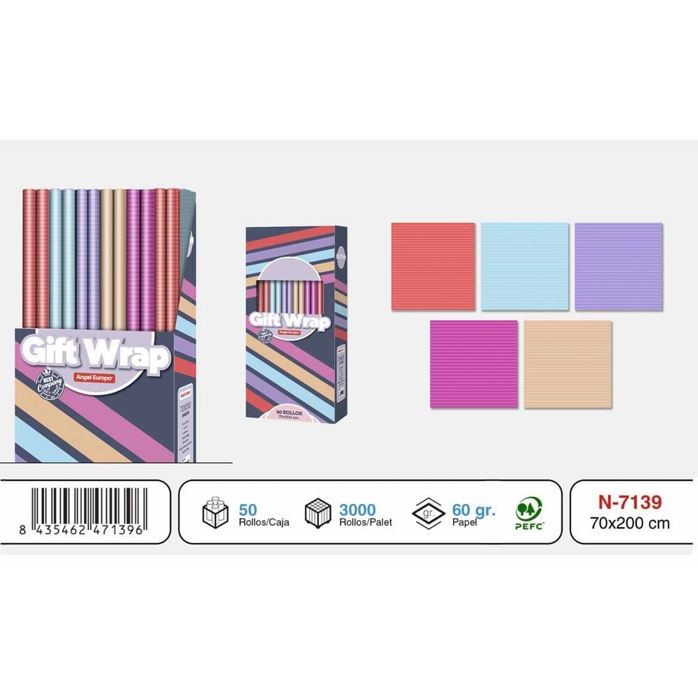 EXPOSITOR 50 ROLLOS PAPEL REGALO 70X200 LISO CON LINEA SURT | ANGEL EUROPA | ENVASE 50 UDS. UNIDAD | 8435462471396