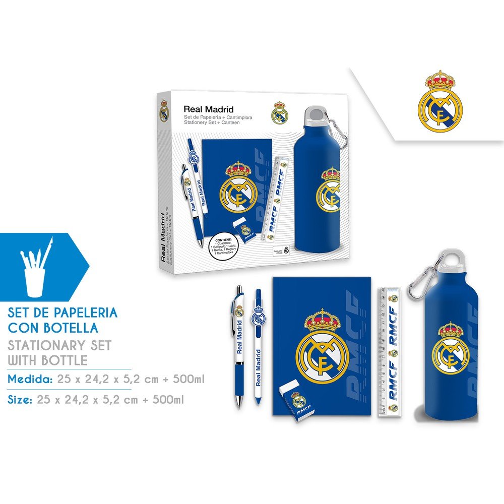 SET PAPELERIA CON BOTELLA 650 ML REAL MADRID | KIDS LICENSING | 1 UNIDAD | 8435507892964