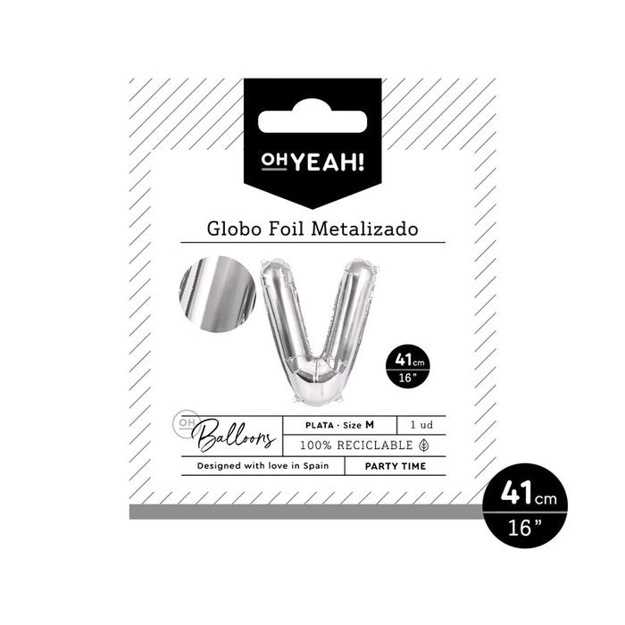 GLOBO POLIAMIDA LETRA V 41CM-16 PLATA METALIZADO 1 UD | AMBER MOOD OH YEAH | 1 UNIDAD | 8435557704156