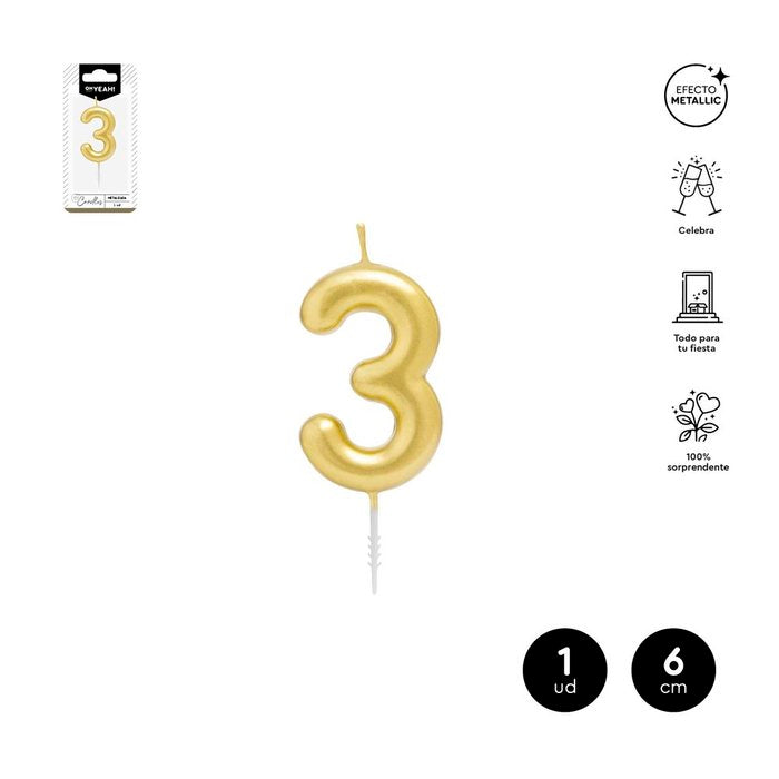 VELA CERA NUMERO 3 ORO 6 CM | AMBER MOOD OH YEAH | 1 UNIDAD | 28435557729689