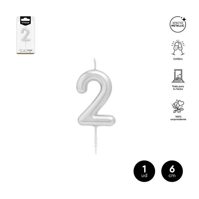 VELA CERA NUMERO 2 PLATA 6 CM | AMBER MOOD OH YEAH | 1 UNIDAD | 28435557729771
