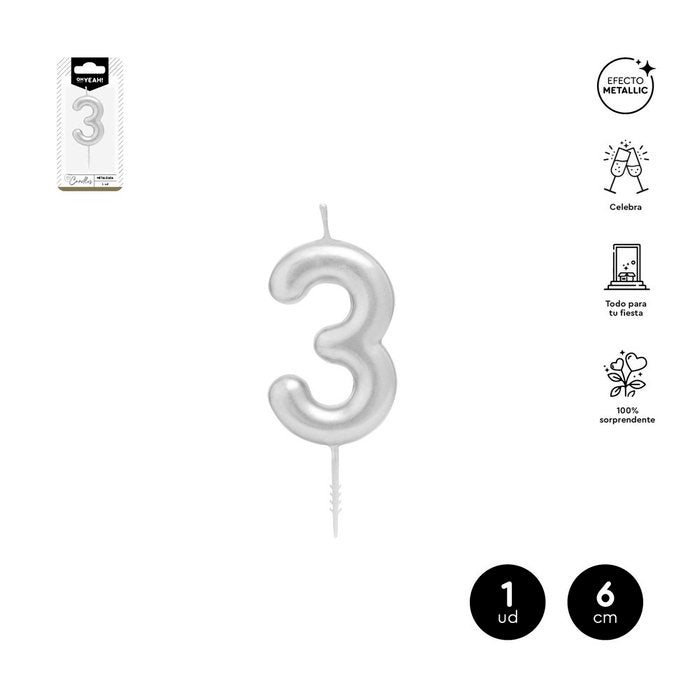 VELA CERA NUMERO 3 PLATA 6 CM | AMBER MOOD OH YEAH | 1 UNIDAD | 28435557729788