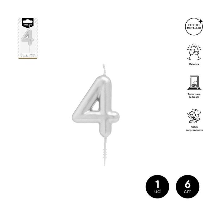VELA CERA NUMERO 4 PLATA 6 CM | AMBER MOOD OH YEAH | 1 UNIDAD | 28435557729795