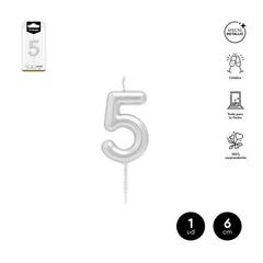VELA CERA NUMERO 5 PLATA 6 CM | AMBER MOOD OH YEAH | 1 UNIDAD | 28435557729801