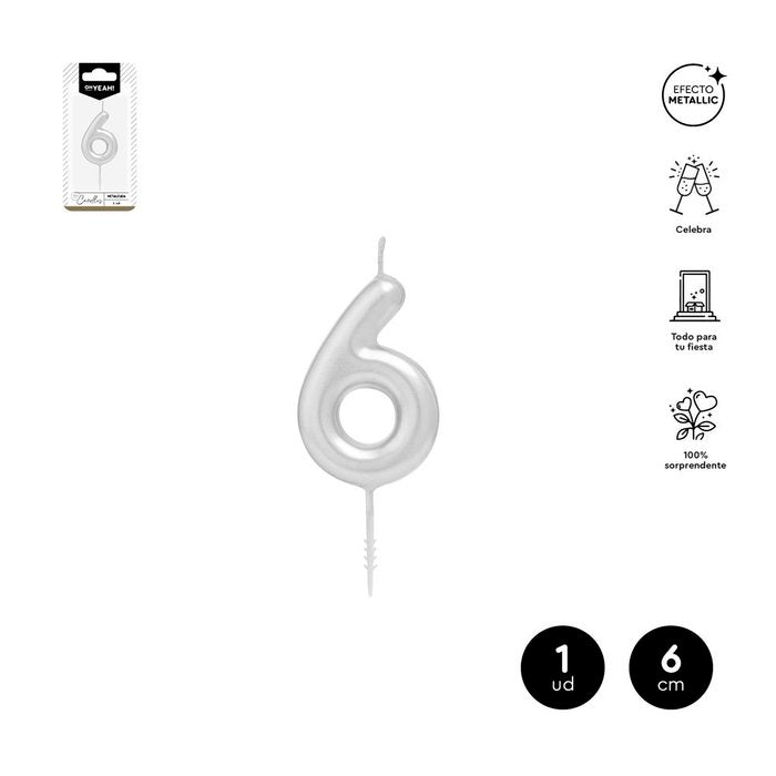 VELA CERA NUMERO 6 PLATA 6 CM | AMBER MOOD OH YEAH | 1 UNIDAD | 28435557729818