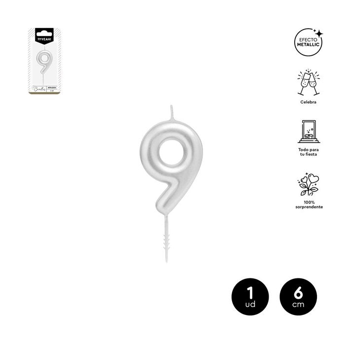 VELA CERA NUMERO 9 PLATA 6 CM | AMBER MOOD OH YEAH | 1 UNIDAD | 28435557729849