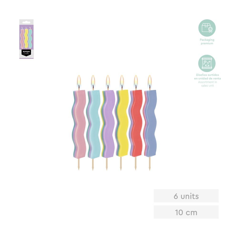 VELA ONDULADA MULTICOLOR COLORES SURTIDOS 10CM CERA 6 UDS | AMBER MOOD OH YEAH | 1 UNIDAD | 28435557731279