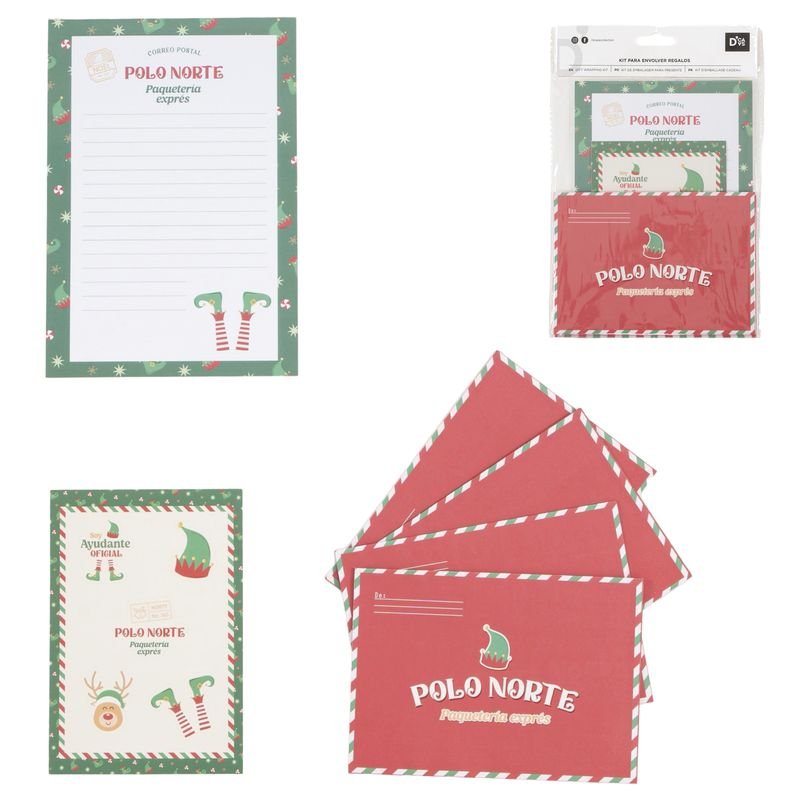 JUEGO DE 6 CARTAS CON 4 SOBRES Y HOJA DE STICKER ELFO | DCASA NAVIDAD | 1 UNIDAD | 8435683298956