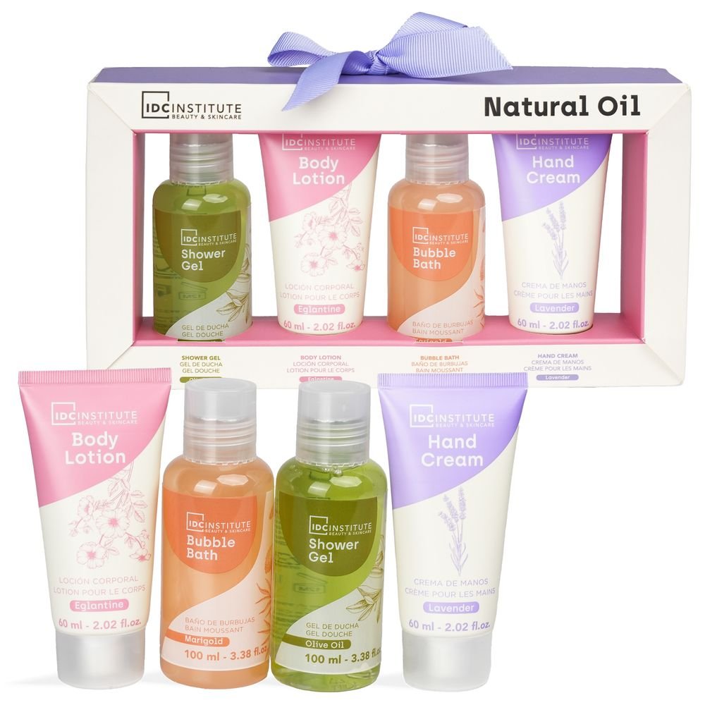 Set Cuidado Total Natural Oil Gel, burbuja baño, crema IDC Regalo