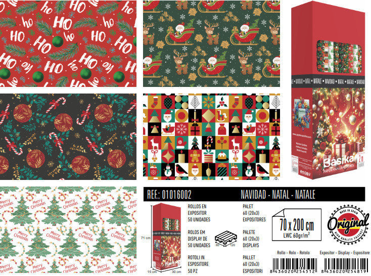 PAPEL REGALO ROLLO 70X200CM NAVIDAD SURTIDO | ANDINA NAVIDAD | ENVASE 50 UDS. UNIDAD | 8436020254819 Imagen principal del producto