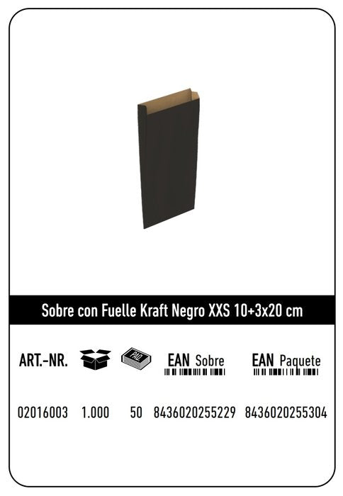 SOBRE KRAFT XXS 10+3X20 NEGRO CAJA 250 UNIDADES | 250 UNIDADES | (ANDINA) Imagen principal del producto