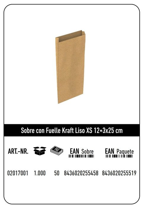 Paq/12 Sobre Bolsa Papel Kraft Color Kraft 12x3x25cm Xs