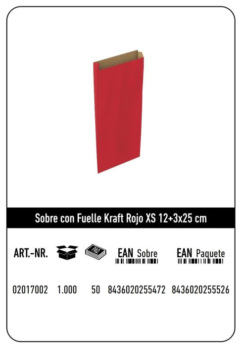 Paq/25 Sobre Bolsa Papel Kraft Color Rojo 12x3x25cm Xs Imagen principal del producto