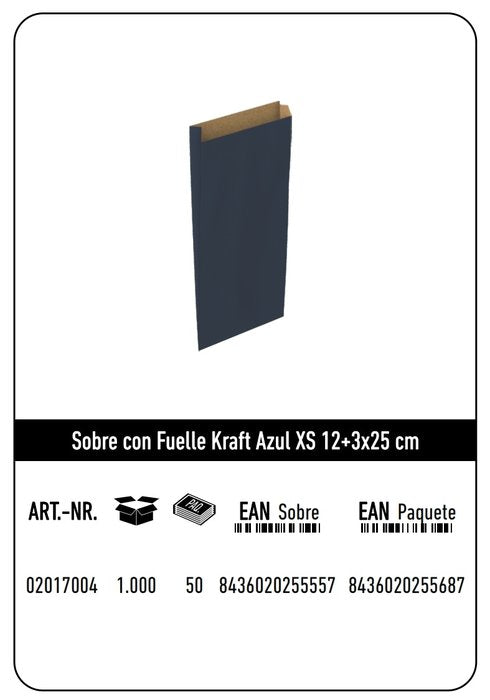 Paq/25 Sobre Bolsa Papel Kraft Color Azul 12x3x25cm Xs Imagen principal del producto