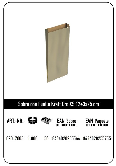 Paq/12 Sobre Bolsa Papel Kraft Color Oro 12x3x25cm Xs