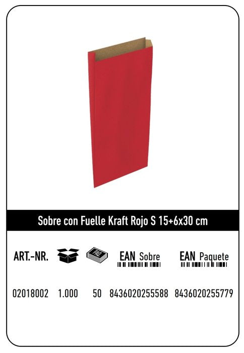 Paq/12 Sobre Bolsa Papel Kraft Color Rojo 15x6x30cm S