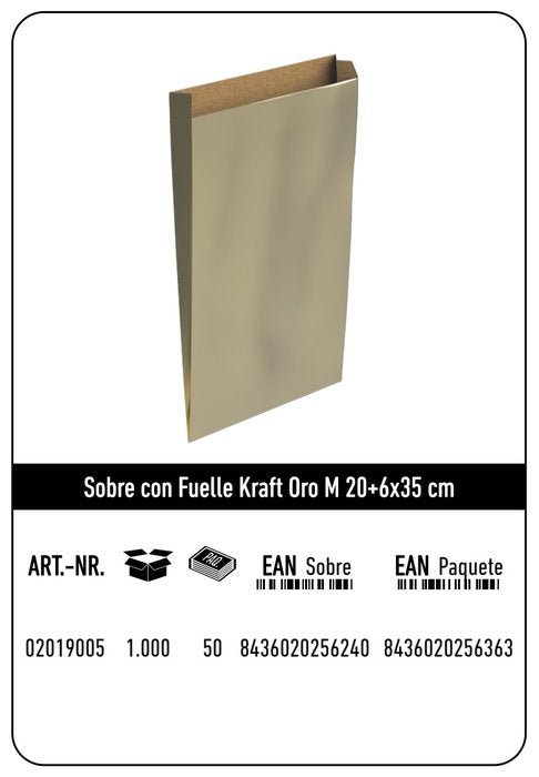 Paq/12 Sobre Bolsa Papel Kraft Color Oro 20x6x35cm M Imagen principal del producto