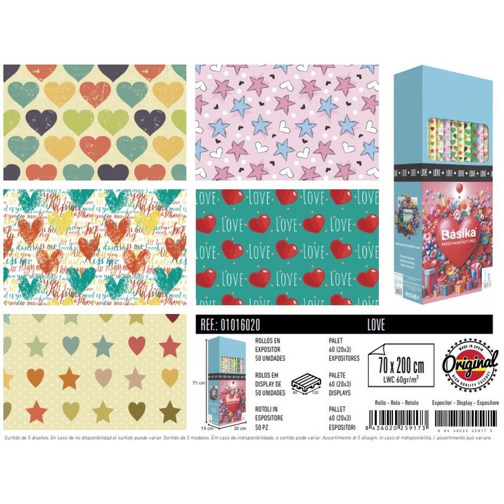 Expositor 50 Rollos Papel Regalo Love Andina